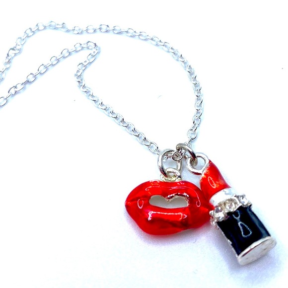 Lips And Lipstick Necklace Silver Tone Rhinestones Makeup Artist - Picture 3 of 7